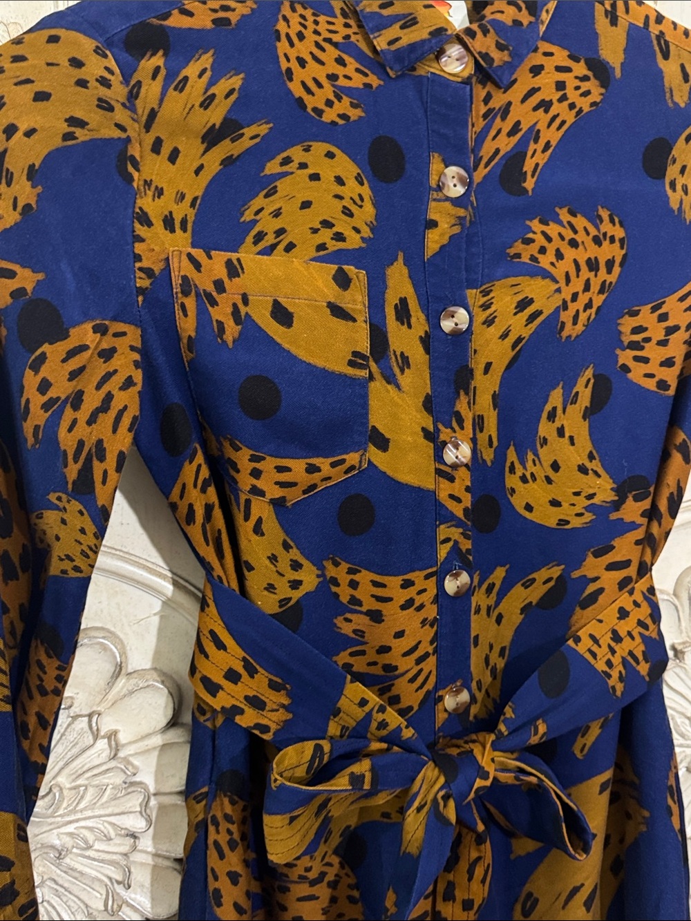 Farm Rio Banana Blue & Brown Printed Jumpsuit with Tie Waist Size Small - Picture 9 of 16